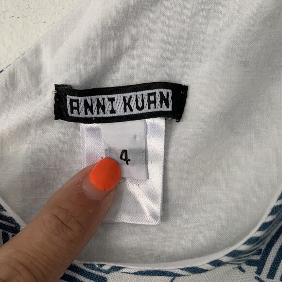Anni Kuan Floral Blue White Linen Sleeveless Mini Sheath Dress Size 4 V-Neckline - Picture 4 of 6